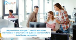 Professional IT consultants at WaveRiser IT in Dubai reviewing a performance-driven technology roadmap for managed IT support and cybersecurity